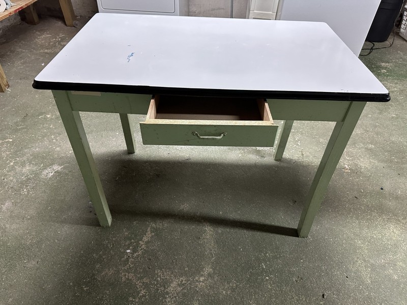 Vintage Mid-Century Porcelain Enamel-Top Kitchen Table with Green Painted Base a gallery