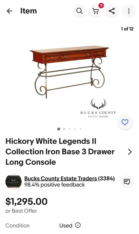 Oak Iron Base 3 Drawer Long Console with slate top gallery