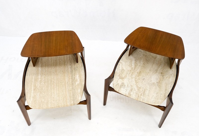 Pair Sculptural 1970s Walnut Travertine Tops Step Side End Tables Singer Sons gallery