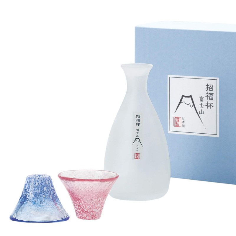 Glass Cold Sake Set Good Luck Cup with Mount Fuji Design Made in Japan