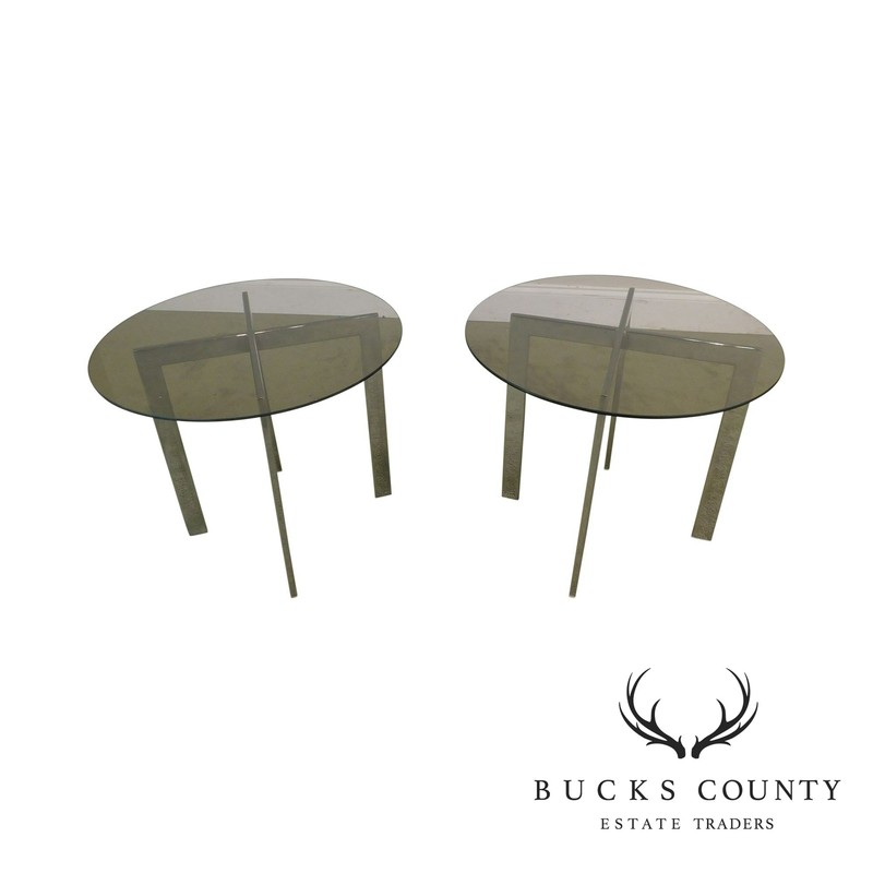 Milo Baughman Style Mid Century Pair Chrome Base Round Smoked Glass Side Tables