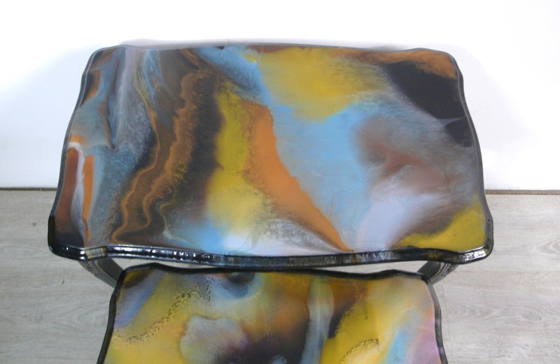 3 Nesting Tables Queen Ann Style, solid wood black marbled tops, 1930s Germany gallery