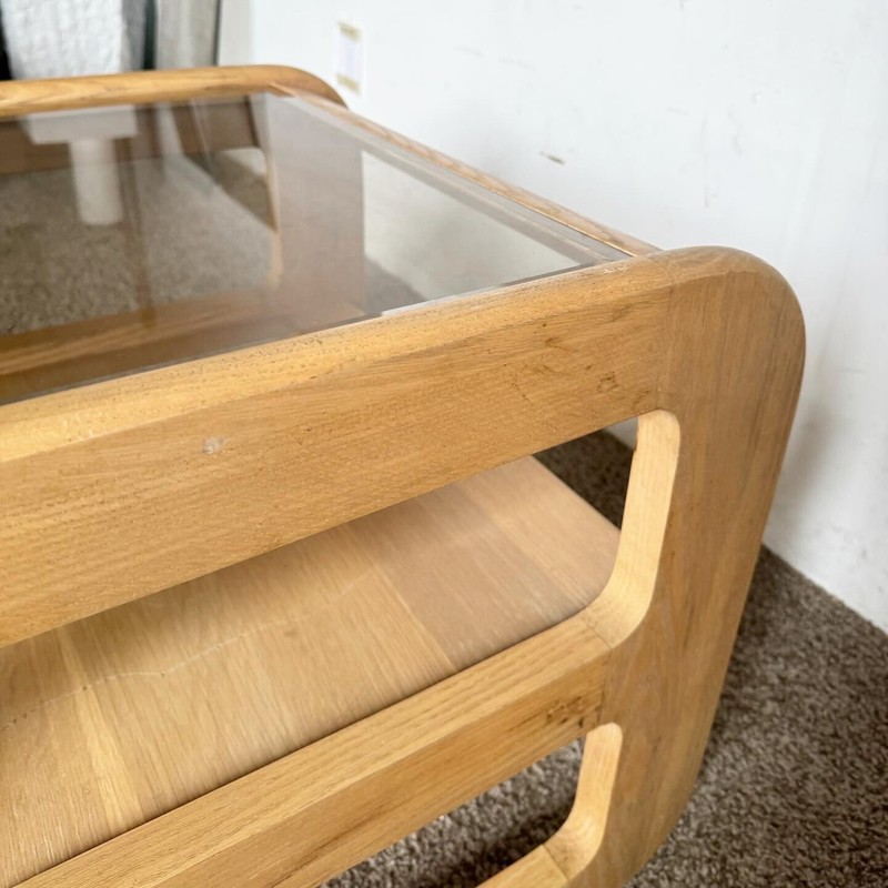 Mid Century Modern Oak Side Table With Smoked Glass Top by Lou Hodges gallery