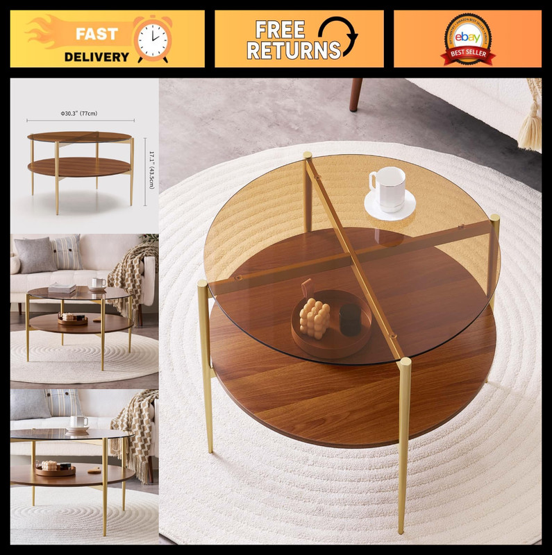 Mid-Century Modern Round Coffee Table, 2-Tier Amber Glass & Walnut, Sleek Metal