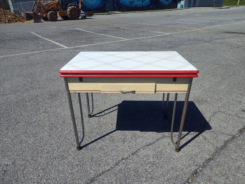 Vintage Porcelain Enamel Red And White Table With Retractable Wings