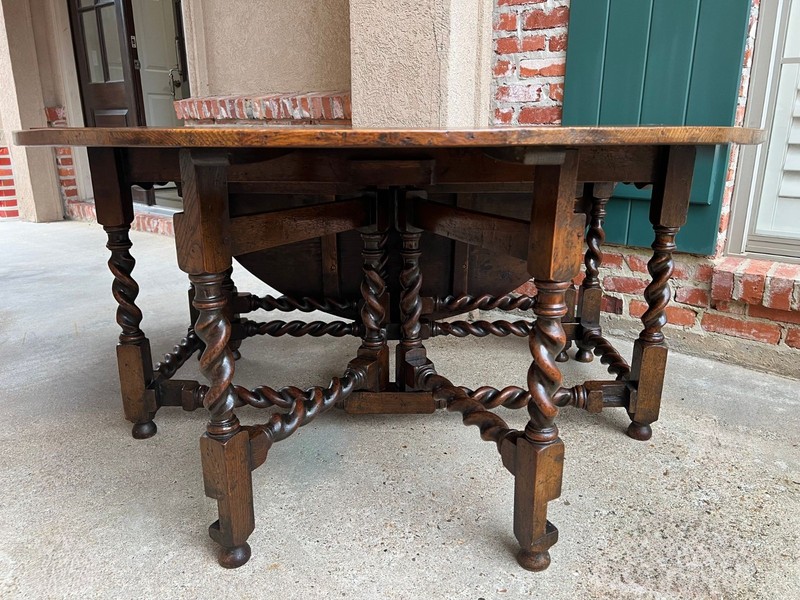Antique English Wake Dining Table Drop Leaf BARLEY TWIST Jacobean Oak Console gallery