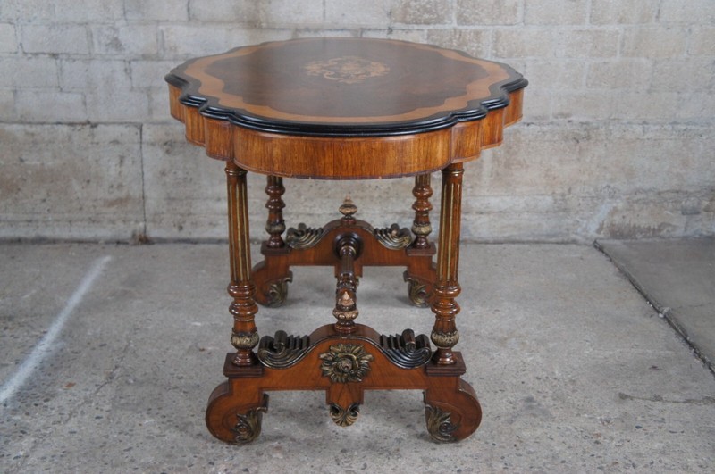 Antique American Renaissance Revival Serpentine Walnut Marquetry Center Table gallery