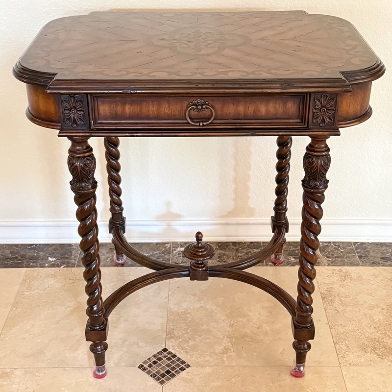 Maitland Smith Single Drawer Table Inlaid Top Barley Twist Legs Mahogany ? 31.5″