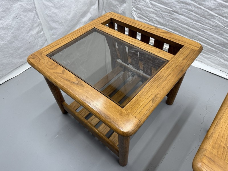 1970's Mersman Solid Oak & Smoked Glass End Tables / Magazine Table Set gallery