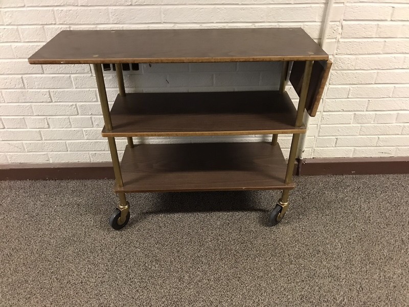 VTG MID CENTURY MODERN MCM WOOD LAMINATE BRASS WHEELED CART T.V. STEREO BAR ETC gallery