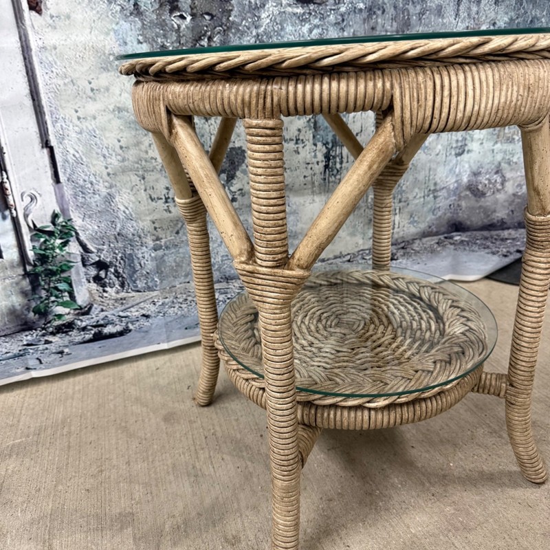 Vintage Woven Rattan Two Tier Glass Top Side Table Boho Coastal Decor gallery