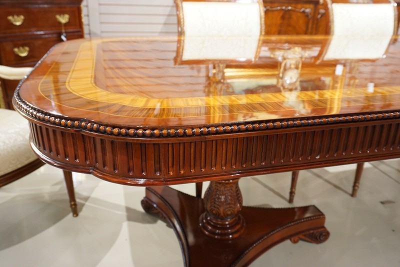 Beautiful 10' Heavy traditional flamed mahogany 2 pedestal formal dining table gallery