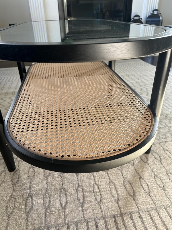 Mid-Century Modern Rattan Glass Coffee Table Oval Two-Tier Solid Wood Frame gallery