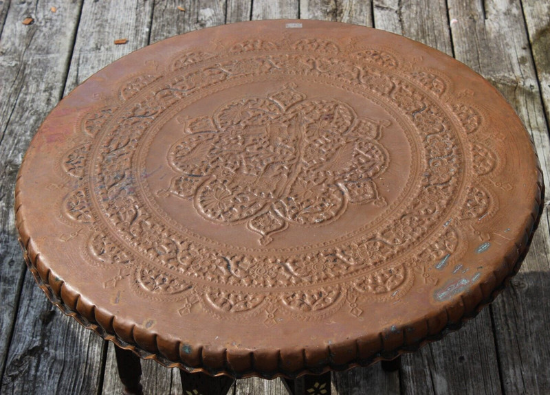 Moroccan Copper Table 25 inch w Folding Wood Stand Antique 19th Century Hammered