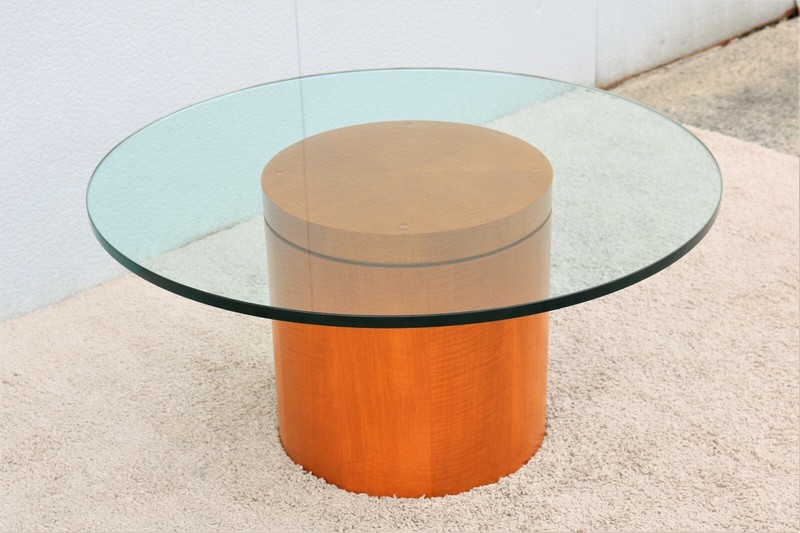 Mid-Century Modern Style 39 in Round Clear Glass Top Drum Wood Base Coffee Table gallery