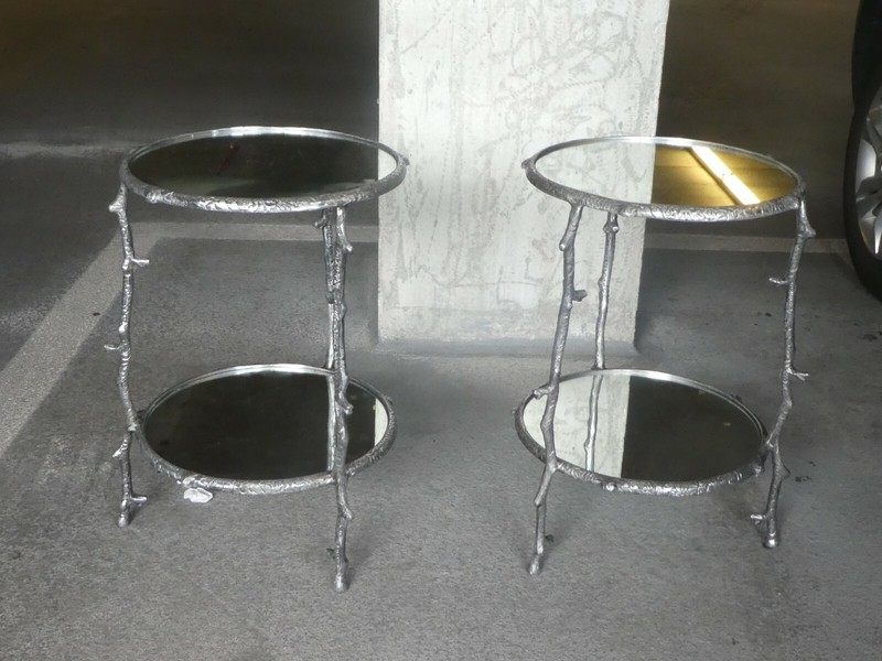 VINTAGE PAIR OF TWO TIER ROUND ALUMINUM TREE BRANCH TABLES
