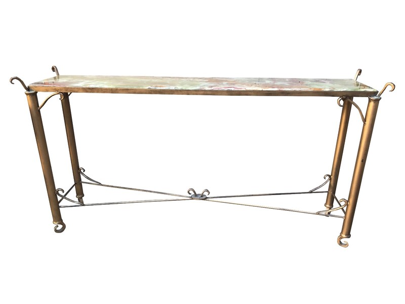 Vintage French Extra Long Green/Multi Onyx Top Console Table Iron Stand gallery