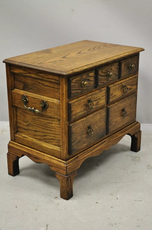 Vintage English Colonial Oak Wood Small Campaign Chest Nightstand Side Table gallery