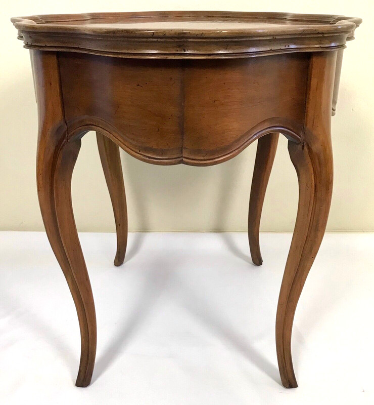 Vintage Pair Louis XV Solid Maple & Burl Inlaid Scalloped Edge Side End Table gallery