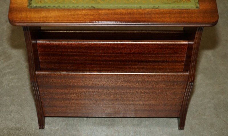 VINTAGE GREEN LEATHER & FLAMED MAHOGANY SIDE END WINE TABLE MAGAZINE RACK gallery