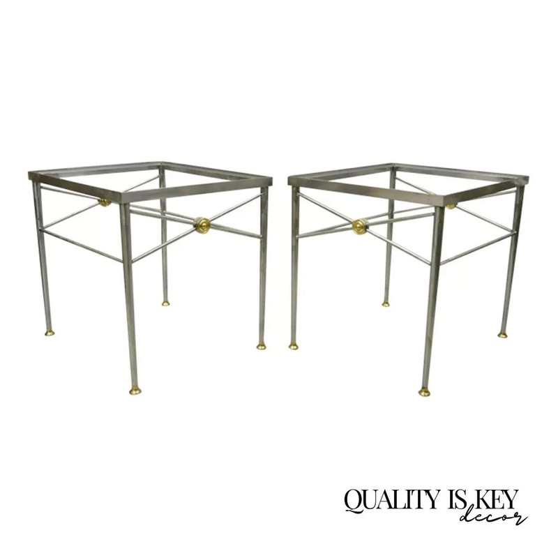 Italian Directoire Maison Jansen Style Brushed Steel & Brass End Tables – a Pair
