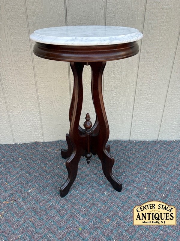 67777 Victorian Marble-Top Pedestal Table with Ornate Wooden Base