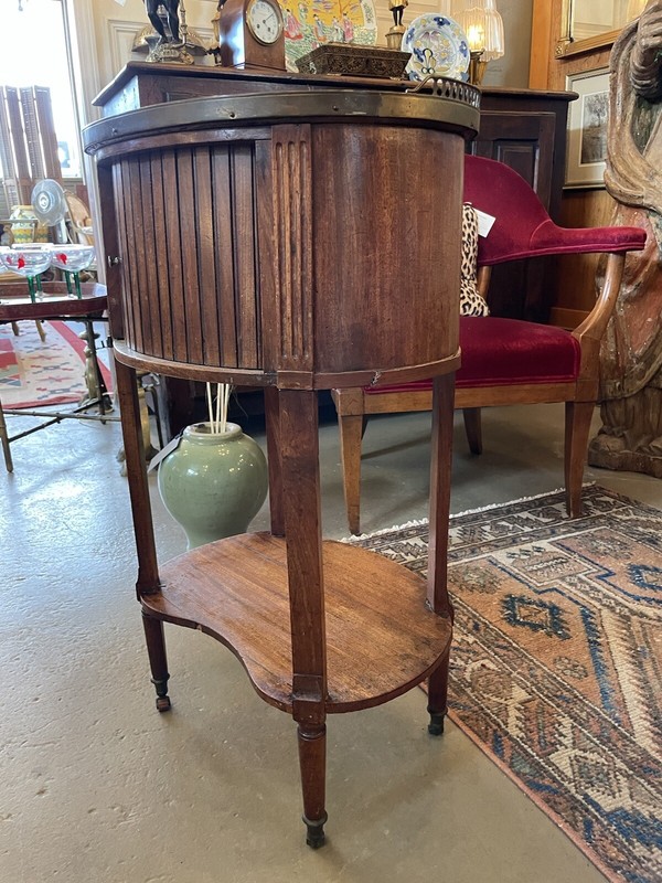 Early 19th Century French Oval Fruitwood Marble Top Side Table w/ Tambour Door gallery