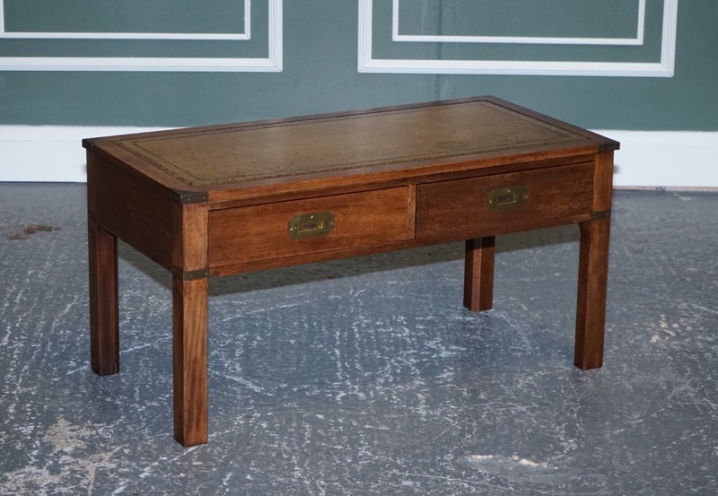 HARRODS LONDON KENNEDY MILITARY CAMPAIGN COFFEE TABLE WITH BROWN LEATHER TOP gallery