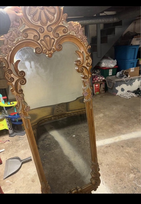 vintage Italian Provincial French Rococo style carved wood table w/ mirror gallery