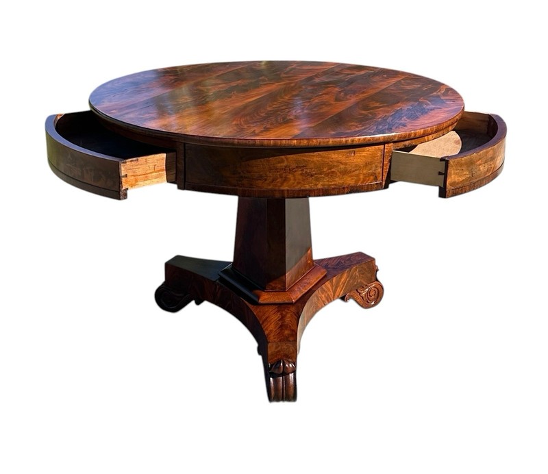ANTIQUE LATE FEDERAL MAHOGANY THREE DRAWER CENTER TABLE ON OBELISK PEDESTAL BASE gallery