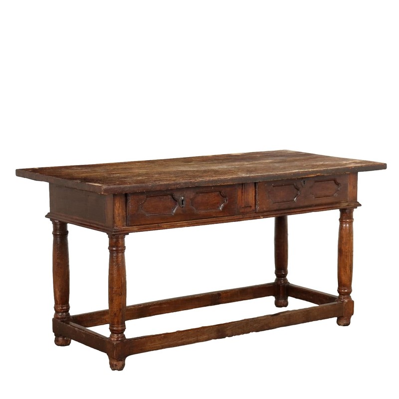Antique Table Early XVIII Century Chestnut Shaped Feet Drawers gallery