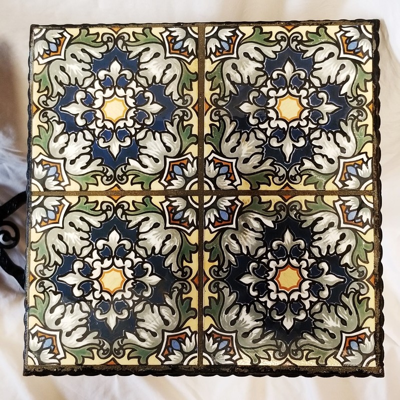 PAIR Antique Arts & Crafts Catalina Tile Top Wrought Iron Tables 19" x 12.5" gallery