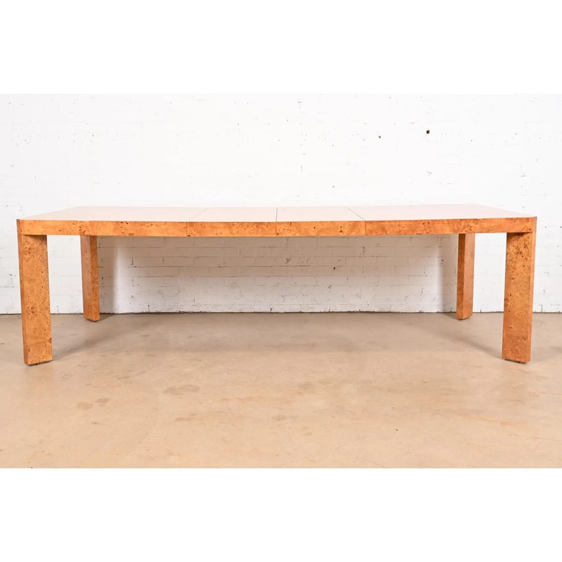 Milo Baughman Style Mid-Century Modern Burl Wood Parsons Extension Dining Table gallery