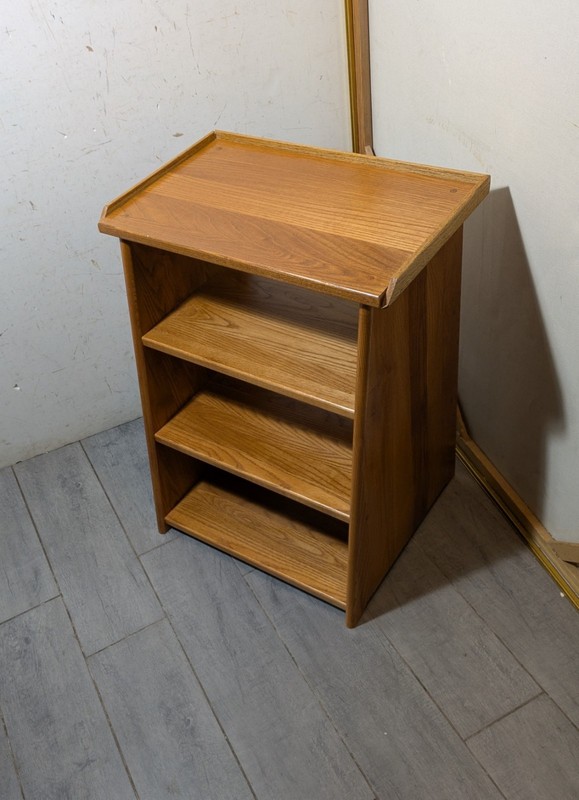 Vintage Mid Century Modern Oak Wood Telephone Table Slanted Nightstand Shelf A gallery