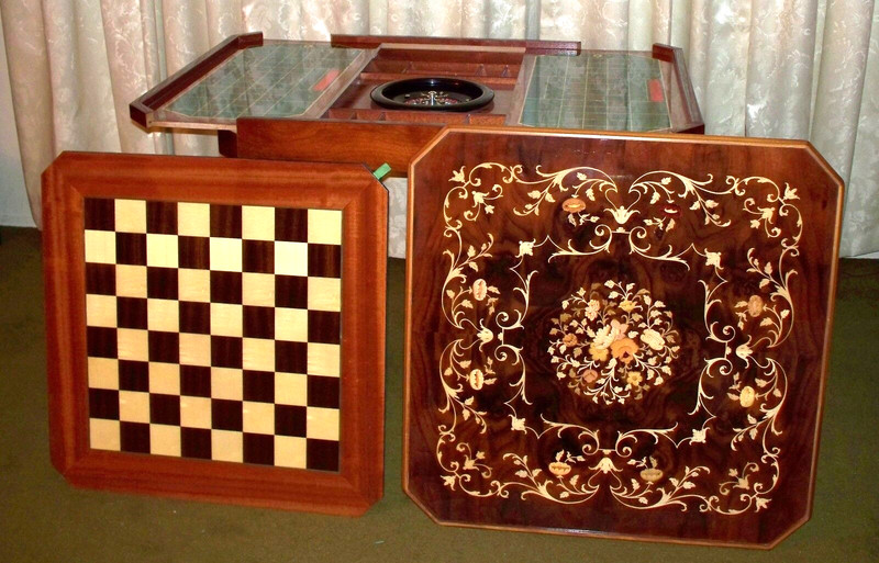 Italian Inlaid Wood Multi Game Table With Roulette, Checkers/Chess, Backgammon