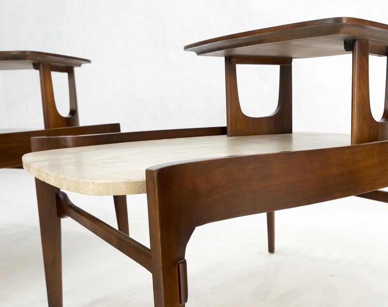 Pair Sculptural 1970s Walnut Travertine Tops Step Side End Tables Singer Sons gallery