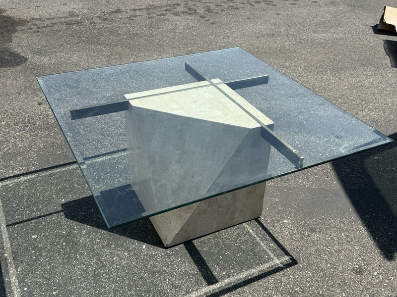 Vintage Travertine Coffee Table With Brass Supports Glass Top MCM