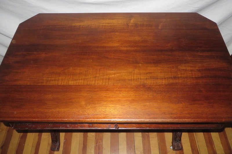 Victorian Renaissance Revival Library Desk Table - Burl Wood, Drawer w/Lock gallery