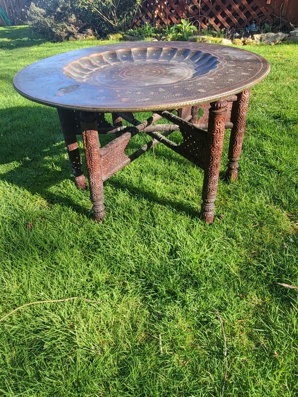 Antique Large Brass Enamel Tray Table With Carved Collapsible Legs