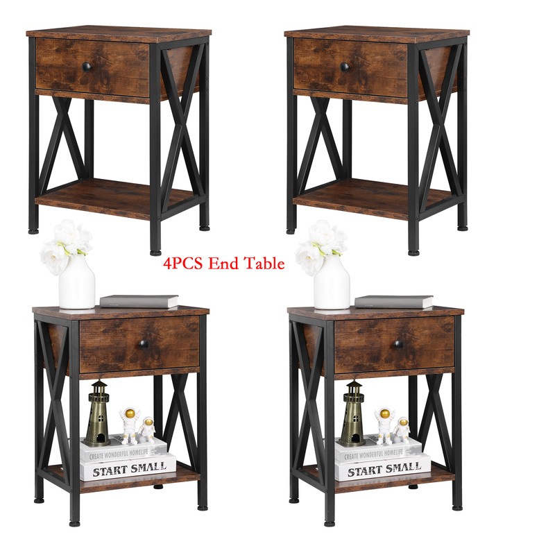Set of 4 X-Design End Side Sofa Table Storage Shelf W/Drawer for Bedroon Brown