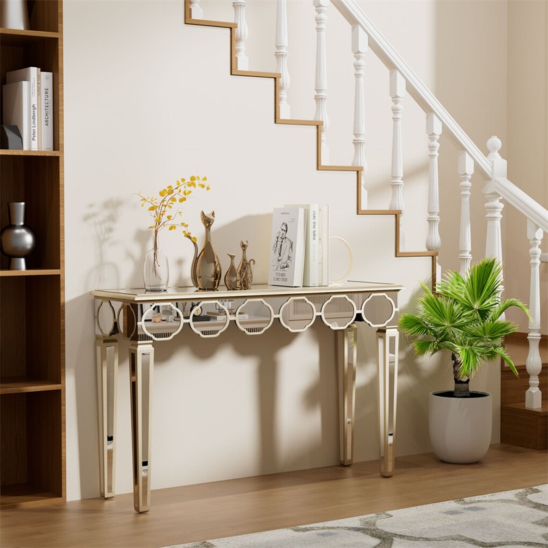 1.2m Ultra Long Mirrored Console Table Gold Rim Lantern Pattern Entryway Table gallery