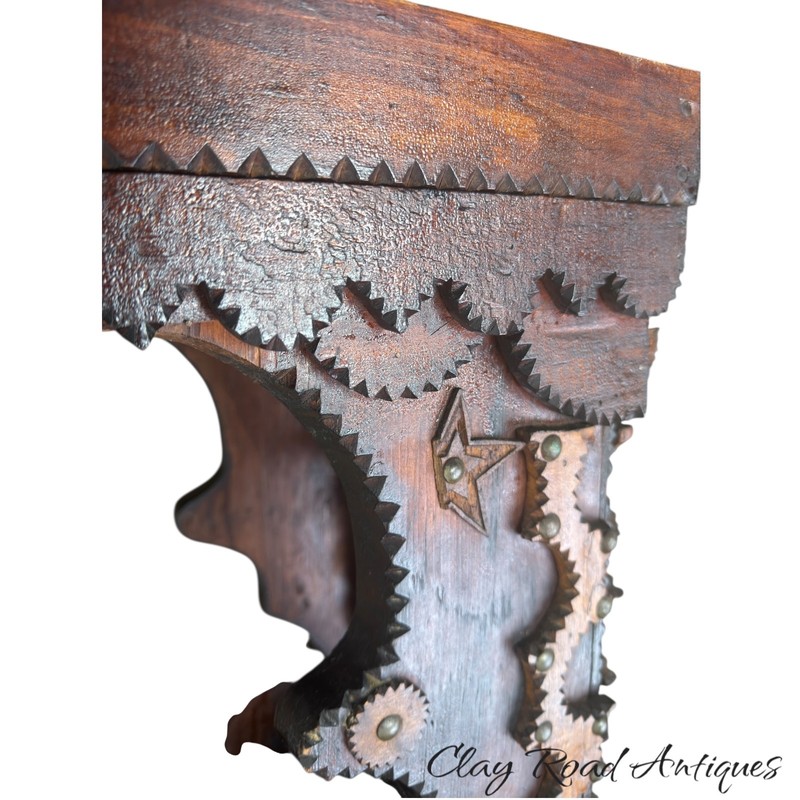 Antique chip carved tramp art table side end work table folk art 1890 hearts gallery