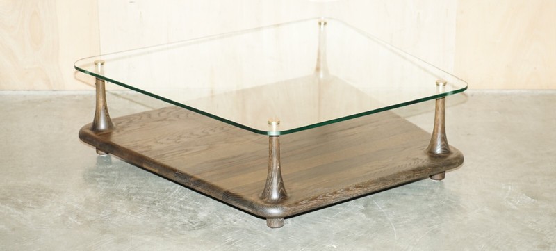 DECORATIVE DESIGNER GLASS & SEARED OAK TWO TIER COFFEE TABLE LOVELY PATINA gallery