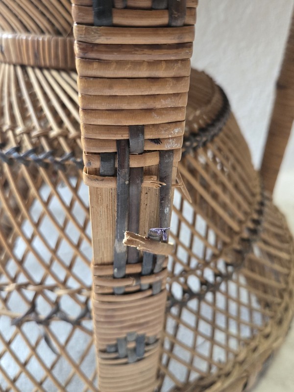 Vintage Emmanuelle Rattan SideTable Wicker Stool Peacock Ottoman Rare 1970s Read gallery
