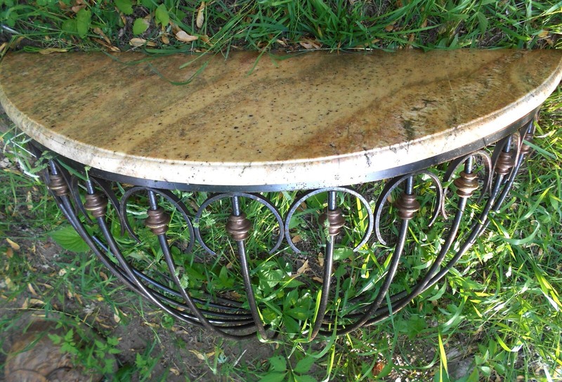 PAIR MID CENTURY WROUGHT IRON HALF ROUND MARBLE TOP CONSOLE TABLES gallery