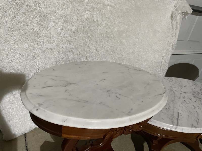 Vintage Victorian Marble Top Tables, Anne Style w/Harp Base Parlor Table Set gallery