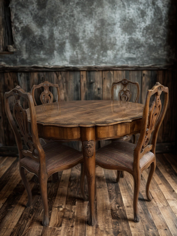 Antique Rococo Dining Table + 4 Chairs (Louis XV Style), Solid Wood, Restored