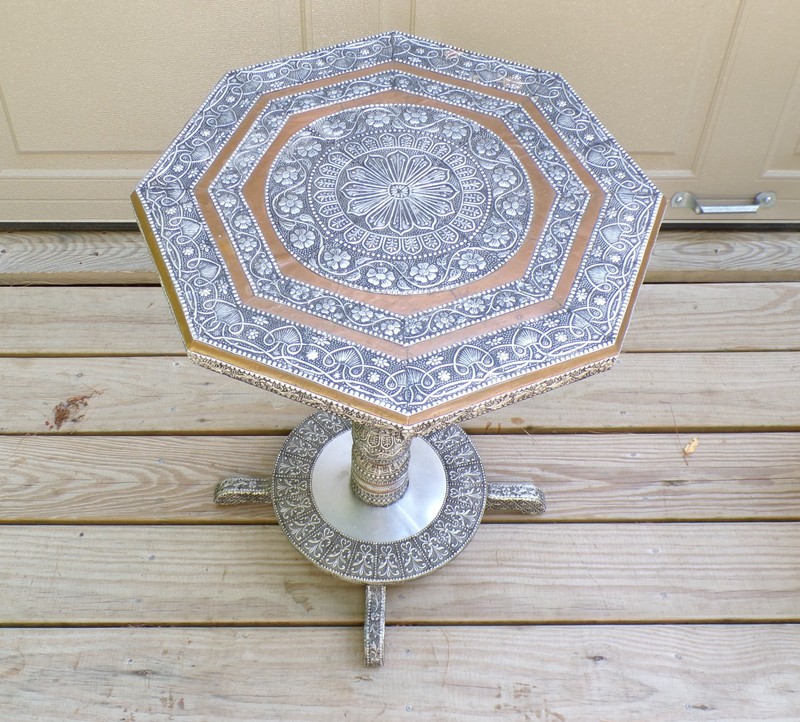Vintage Moroccan Middle Eastern Style Metal Clad Wood Octagon Table Plant Stand gallery