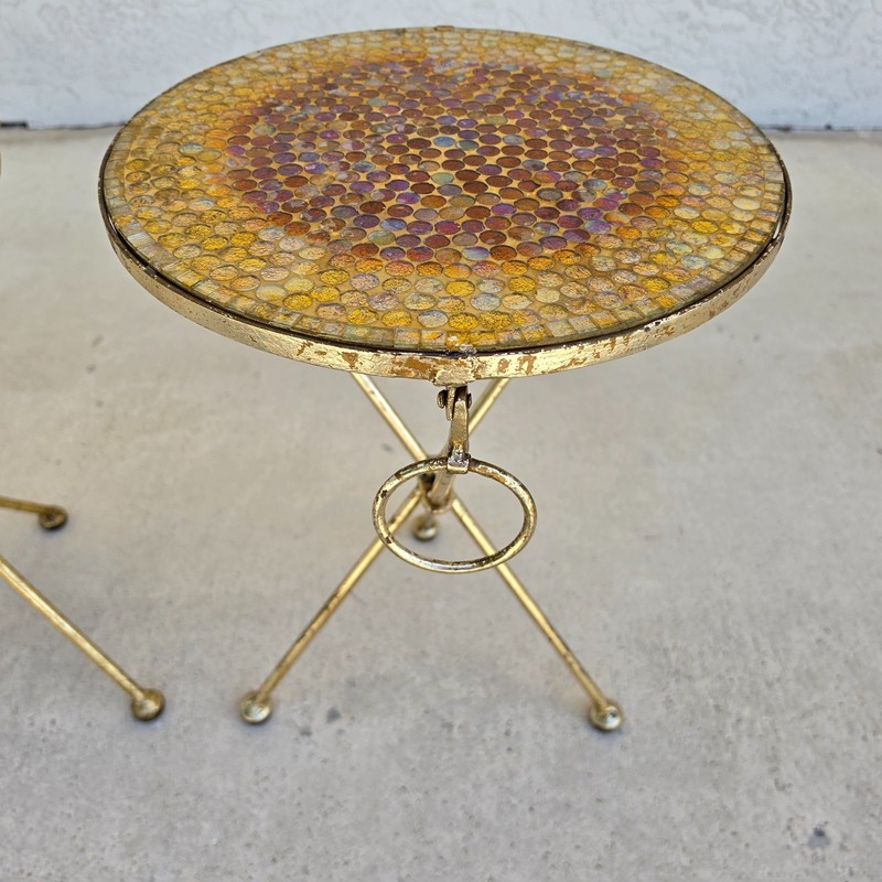 Italian Gold Gilt Folding Mosaic Side Drink Tables 1960s Pair gallery