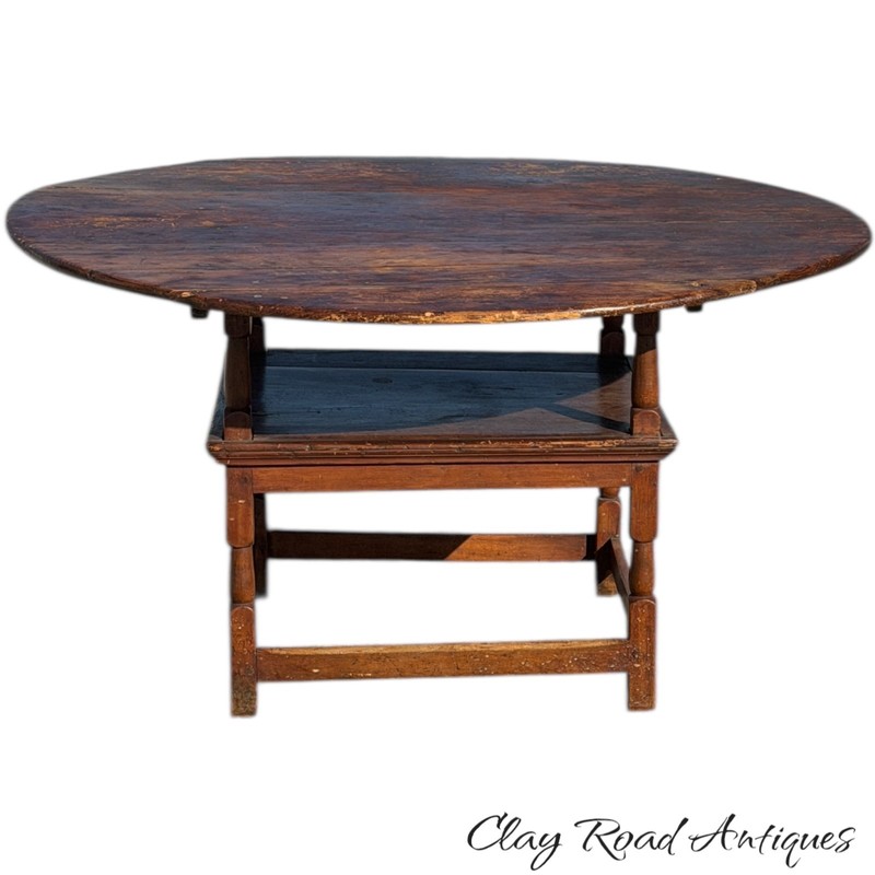 Antique bench table 18th stretcher base round farm primitive tavern softwood gallery